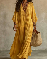 Ainura - Langes Kleid Aus Elfenbeinfarbenem Chiffon Und Spitze in Gelb