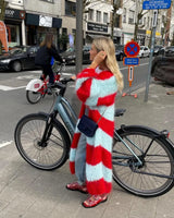 Yalondra | Langer Mohair-Streifen-Cardigan in Rot Weiß