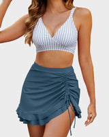 Mia | Zweiteiliges Bikini-Set für Damen mit High-Waist, Bauchkontrolle und Bade-Rock in Blau gestreift