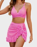 Mia | Zweiteiliges Bikini-Set für Damen mit High-Waist, Bauchkontrolle und Bade-Rock in Rosa-Weiß Kariert