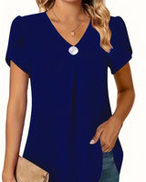 Thilakshi - Kurzärmelige Bluse Mit Rüschen Und Einem Knopf in Blau