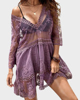 Emma | Damen Bademode-Cover-Up mit Kontrastspitze, V-Ausschnitt, locker sitzend in Lila