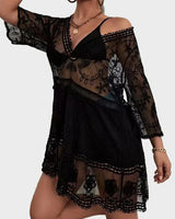 Emma | Damen Bademode-Cover-Up mit Kontrastspitze, V-Ausschnitt, locker sitzend in Schwarz