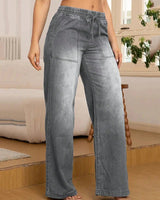 Verstellbare Kordelzug Taille Weite Bein Jeans für Frauen in Grau