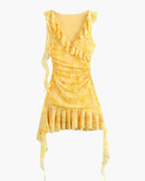 Damen Blumen Ärmellose Mini Gelbe Kleid in Gelb
