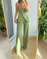 Ines | Damen Set Ärmellose Weste Weitbein Hose Elegant in Grün