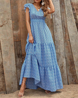 Bohemien Kleid mit V Ausschnitt und Blumenprint kurze Ärmel in Blau