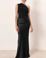 One Shoulder plissiertes Party Maxikleid in Schwarz