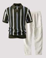 Richards - Bequemes Streifen-Polo und Hosen-Set in Grün