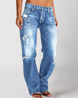 Julia | Damen Destroyed High-Waist Straight Jeans in Blau