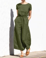 Gerader Jumpsuit mit Falten am Revers ohne Gürtel - Nora in Armeegrün Kurzarm