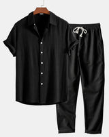 Button-Up Hemd und gerade geschnittene Hose aus Leinen-Rayon-Mischung in Schwarz