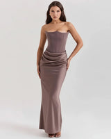 Sabrina | Damen Trägerloses Korsett Maxikleid Satin – Satin Korsett Maxi 2026 in Rauch