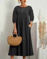 Midikleid mit Rundhalsausschnitt & Laternenärmeln – Selina in Schwarz