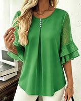 Hurley – Bluse Mit Rundhalsausschnitt Und Transparenten Rüschenärmeln in Grün