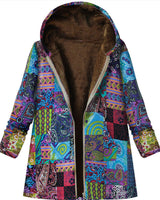 Damenmantel mit Kapuze und Retro-Thermodruck - Luny in Blau