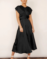 Damen Kurzarm Wickel Midi Hochzeitsgast Kleid in Schwarz