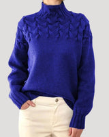 Nicole | Damen Frühlings Strickpullover mit Zopfmuster und hohem Kragen in Blau