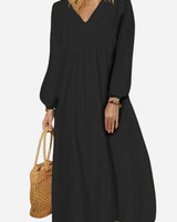 Yuna | V-Ausschnitt Ballonärmel Midikleid in Schwarz