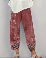 Thimasha - Caprihose Im Vintage Blumenmuster Mit Elastischem Bund in Rot