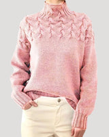Nicole | Damen Frühlings Strickpullover mit Zopfmuster und hohem Kragen in Hellrosa