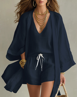 Antje | 3-teiliges Set mit Cardigan und Shorts in Marineblau