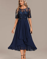 Pauline | Rundhals Kurzarm Kleid in Marineblau