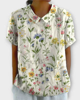 Lina | Blumenbluse aus Baumwolle und Leinen in Weiß
