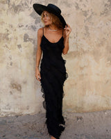 Damen Rüschen Lange Maxi Sommerkleid in Schwarz