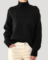Nicole | Damen Frühlings Strickpullover mit Zopfmuster und hohem Kragen in Schwarz