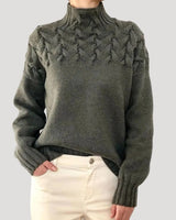Nicole | Damen Frühlings Strickpullover mit Zopfmuster und hohem Kragen in Grau