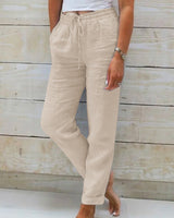 Leinenhose mit elastischem Bund und Kordelzug für Damen - Helga in Beige