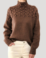 Nicole | Damen Frühlings Strickpullover mit Zopfmuster und hohem Kragen in Braun