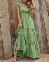 Bohemien Kleid mit V Ausschnitt und Blumenprint kurze Ärmel in Grün
