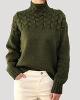 Nicole | Damen Frühlings Strickpullover mit Zopfmuster und hohem Kragen in Dunkelgrün