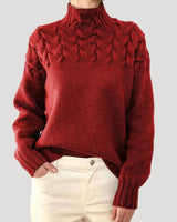 Nicole | Damen Frühlings Strickpullover mit Zopfmuster und hohem Kragen in Rot