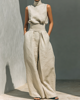 Damen Ärmellose Bluse und Weite-Hosen Ensemble in Khaki