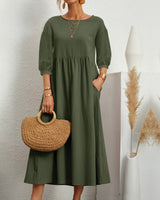 Midikleid mit Rundhalsausschnitt & Laternenärmeln – Selina in Armee grün