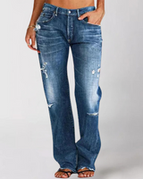 Julia | Damen Destroyed High-Waist Straight Jeans in Dunkelblau