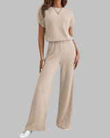 Paula | Damen Rippstrick-Set Kurzarm Top Weite Hose Casual in Aprikose