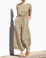 Gerader Jumpsuit mit Falten am Revers ohne Gürtel - Nora in Khaki Kurzarm
