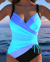 Marie | Eleganter Wickel-Badeanzug mit buntem Print in Blau
