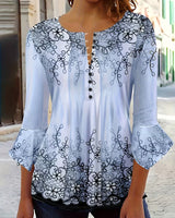 Mesley – Bluse Med Halvlange Ærmer, Blomsterprint Og Flæsekant in Blau