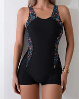 Damen Bade Romper mit bedruckten Seitenteilen in Schwarz