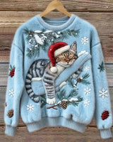 Elisabetta – Plüschpullover Mit Fauler Katze in Blau