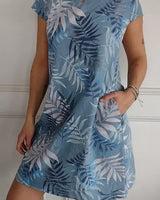 Damen Baumwolle Leinen Bedrucktes Sommerkleid mit Taschen in Meeresblau
