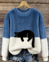 Aiste - Lässiger Pullover Mit Katzenmotiv in Blau
