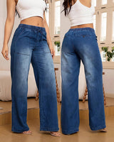 Verstellbare Kordelzug Taille Weite Bein Jeans für Frauen in Dunkelblau