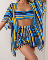 Damen Bikini Set mit Cover Up Shirt und Strandshorts in Blaue Streifen