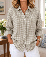 Colien – Langärmliges Gingham-Hemd mit Knöpfen in Beige